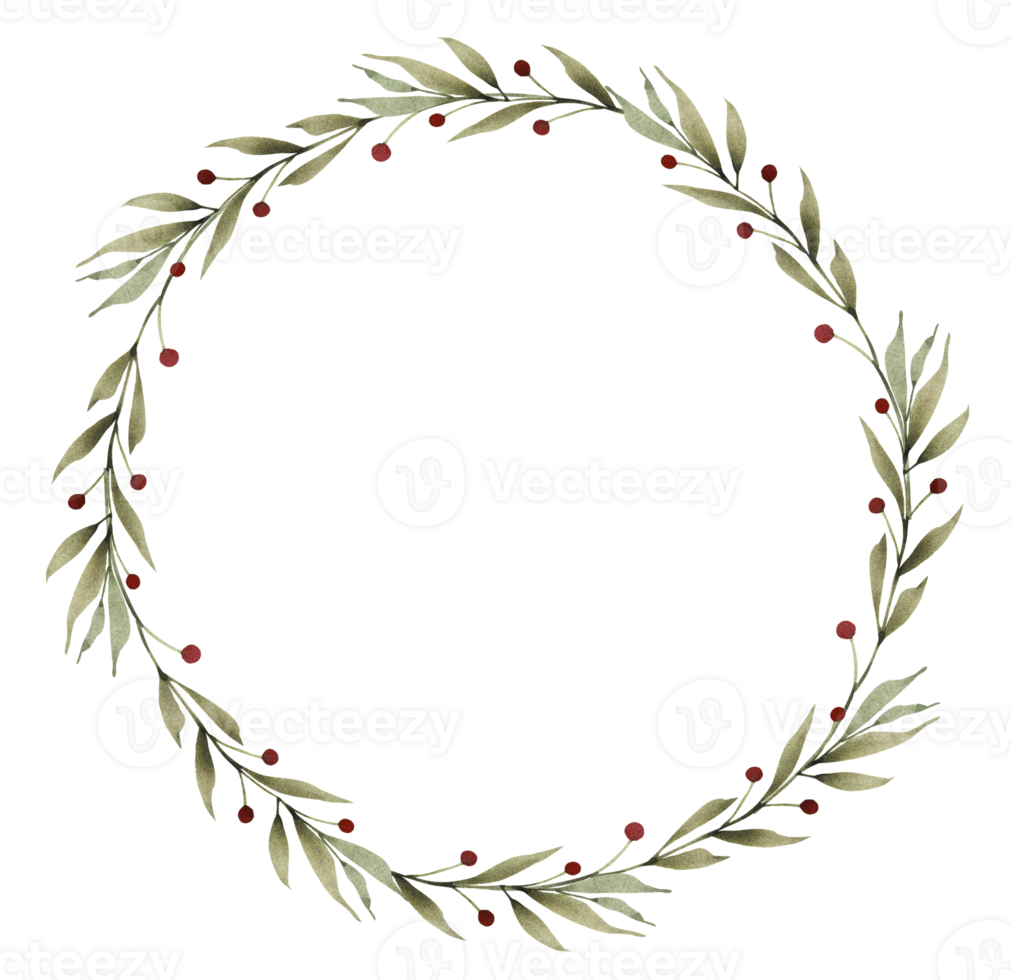 Watercolor wreath of green branches with berries png