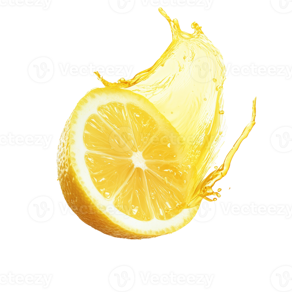 Sliced lemon with splashes of juice flying around transparent png