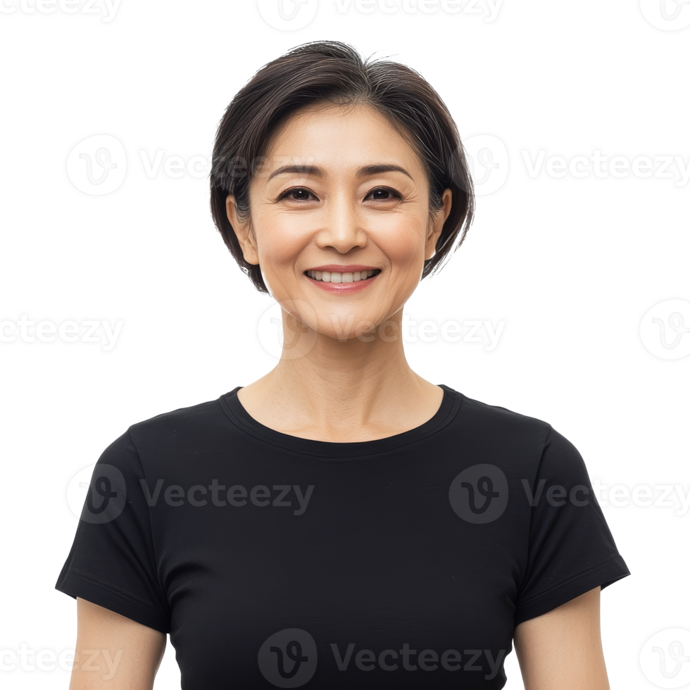 Woman in black shirt smiling, white bg transparent png