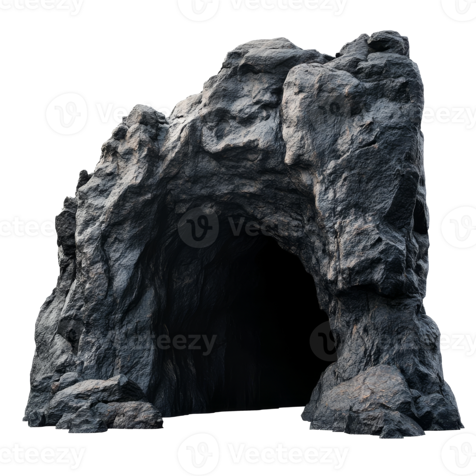 Dark cave entrance surrounded by rugged rocks transparent png