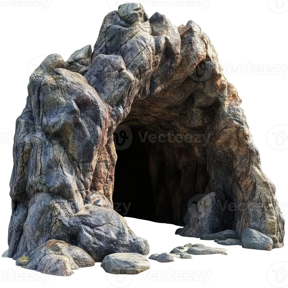 Natural rock cave entrance with surrounding stones transparent png