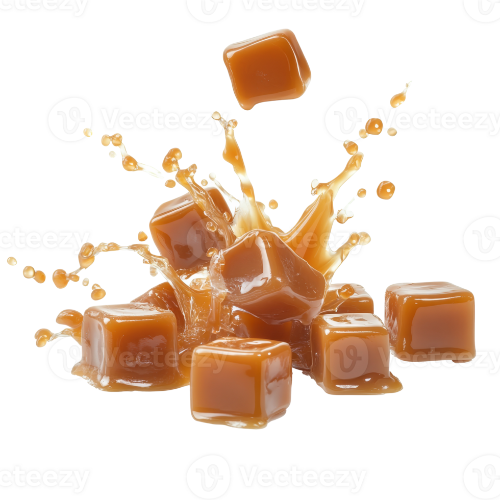 Caramel cubes splashing in golden syrup puddle transparent png