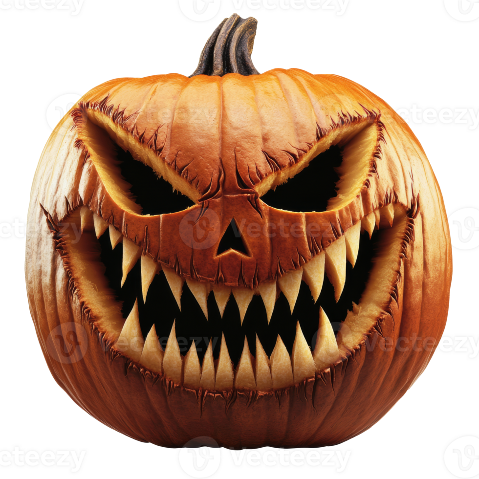 Carved pumpkin with menacing grin and sharp teeth transparent png