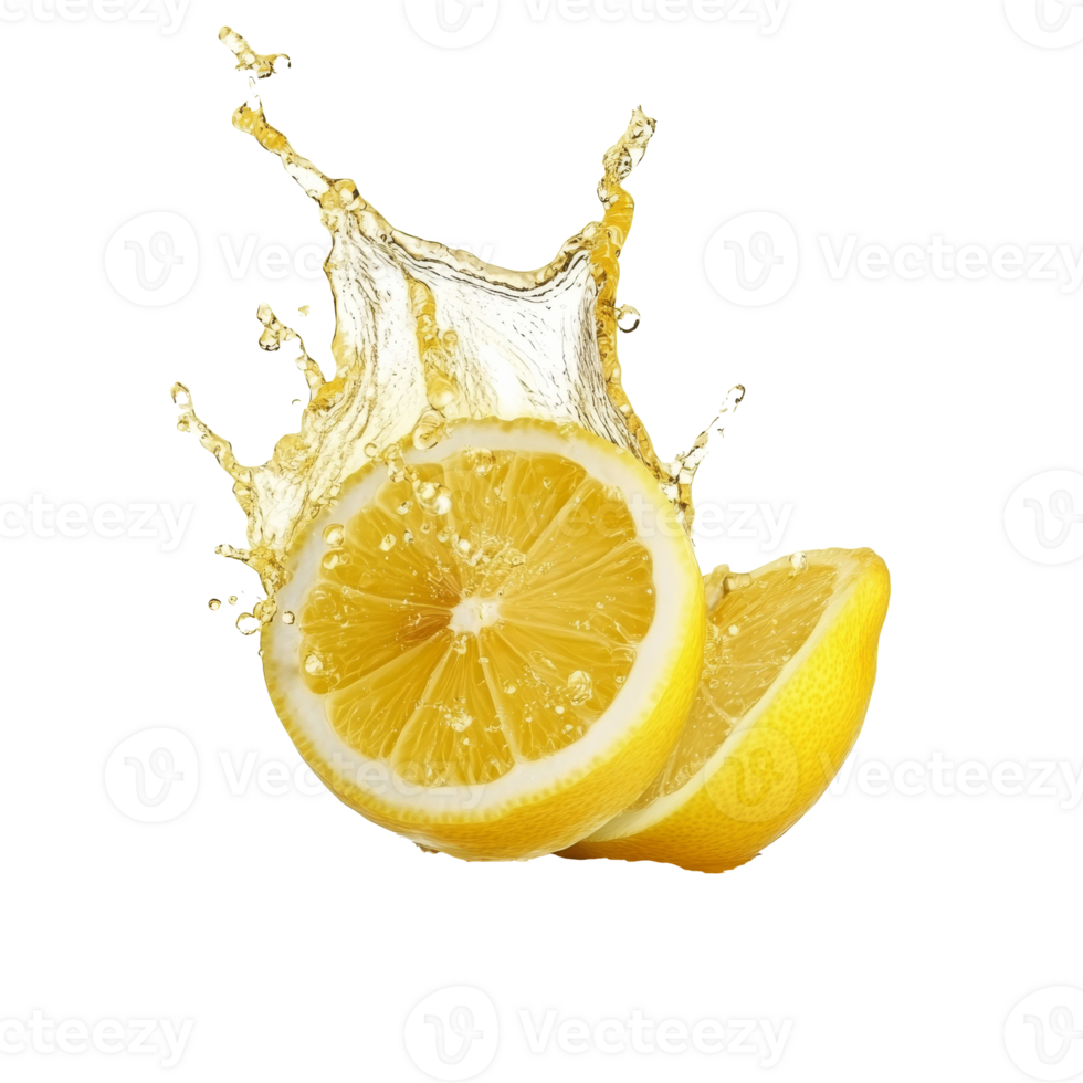 Fresh lemon slices splashing in clear water transparent png