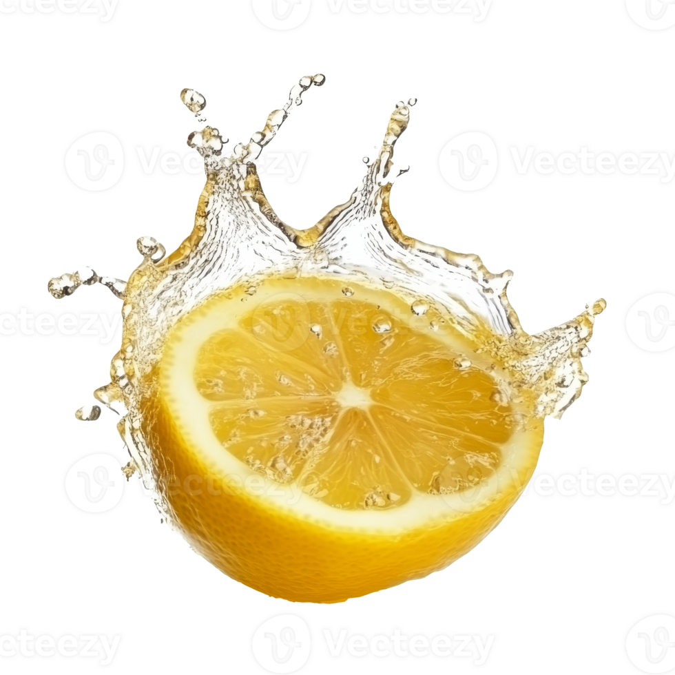 Fresh lemon slice splashing in clear water transparent png