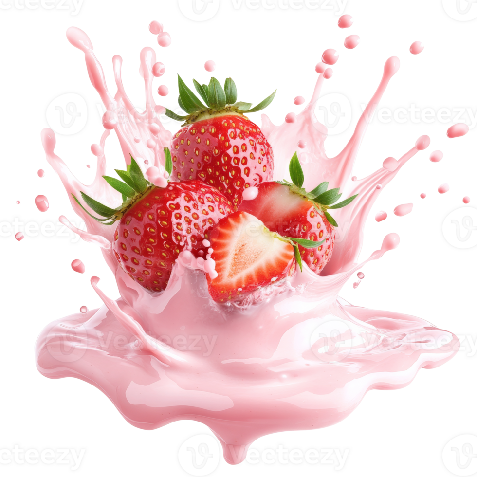 Splashes of fresh strawberries in pink liquid transparent png