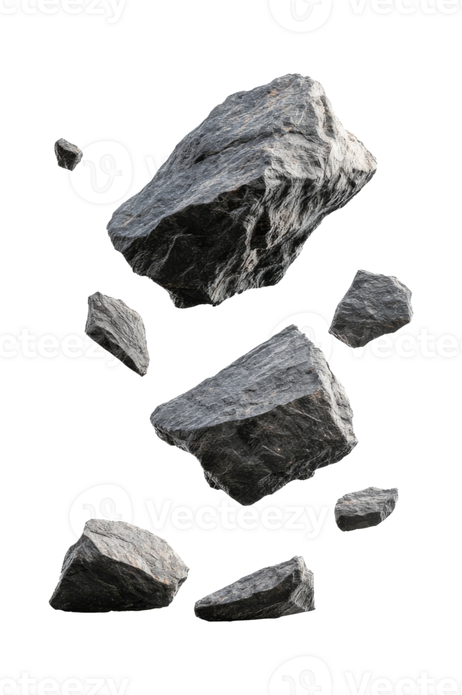 Floating rocks in a white background display transparent png