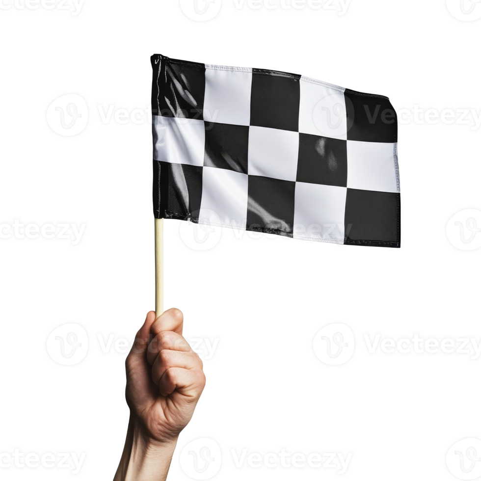 Hand holding a checkered flag at a racing event transparent png