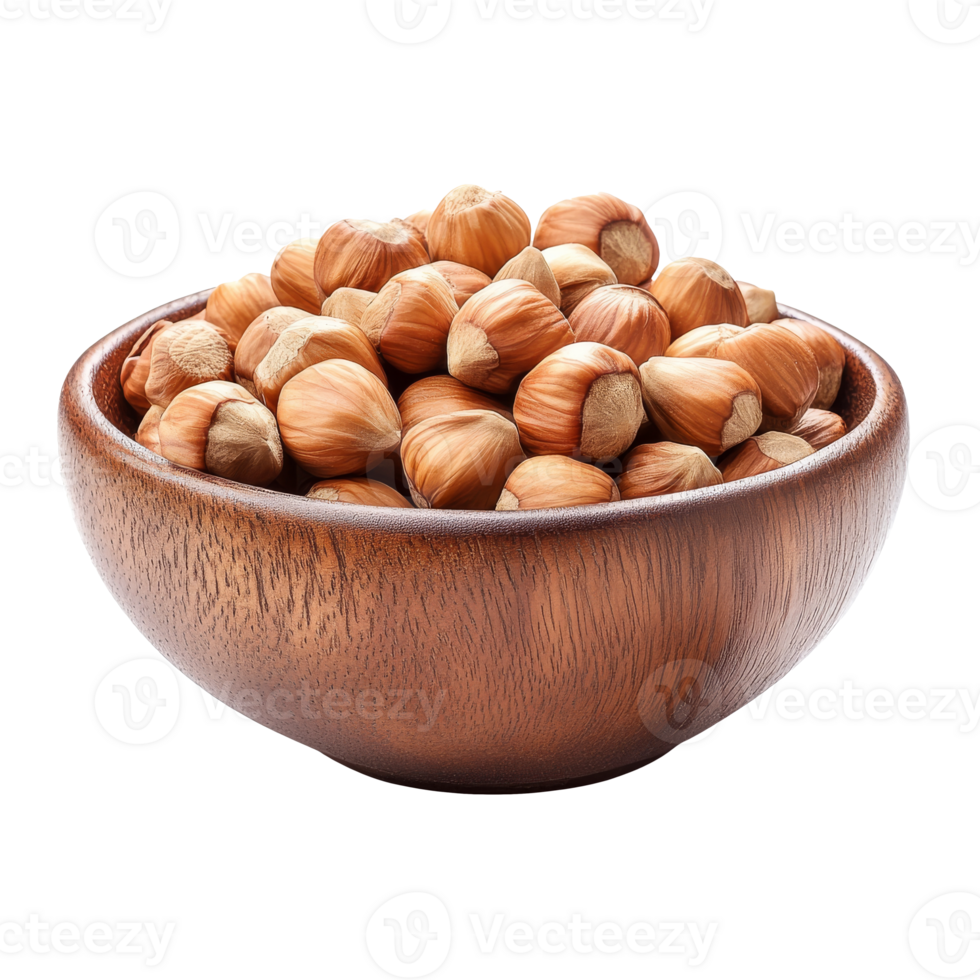 Freshly harvested hazelnuts in a wooden bowl transparent png