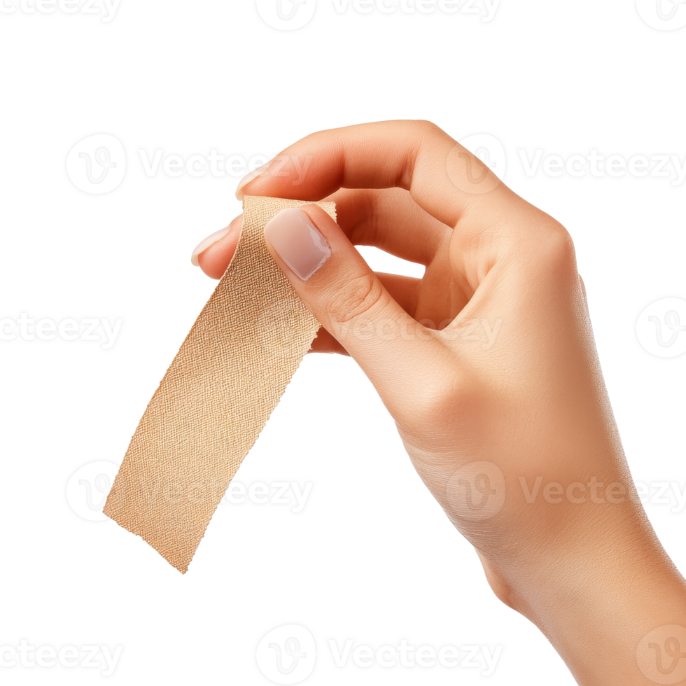 Holding a beige adhesive bandage in a relaxed hand transparent png