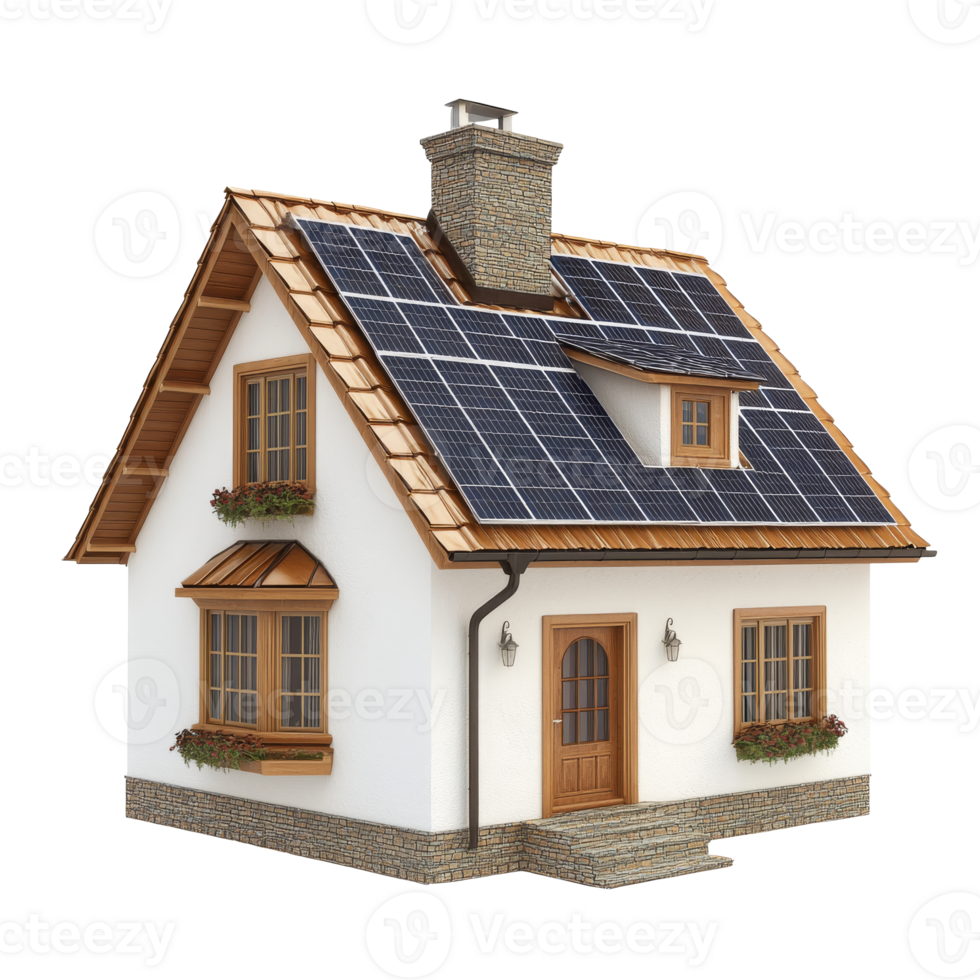 Modern house with solar panels on the rooftop transparent png