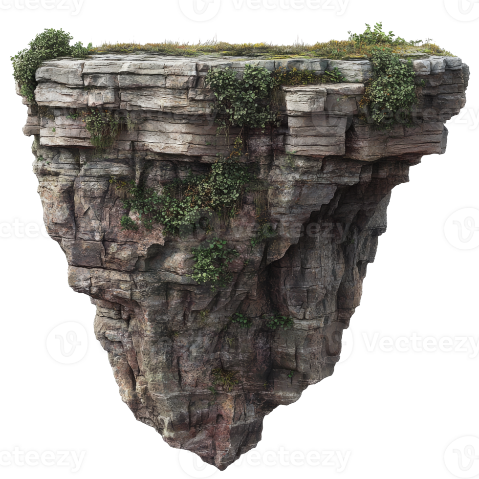 Floating rock formation with vegetation in nature transparent png
