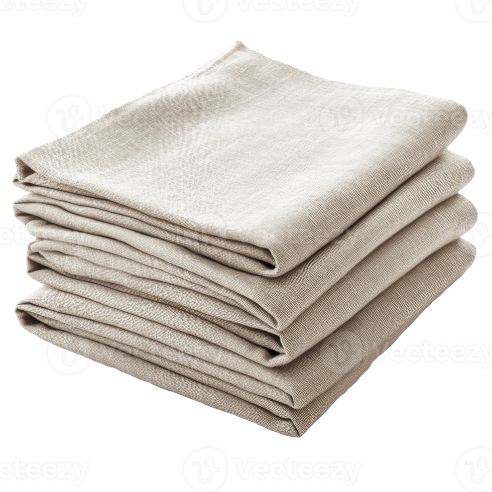 Neatly stacked linen napkins on a wooden table transparent png