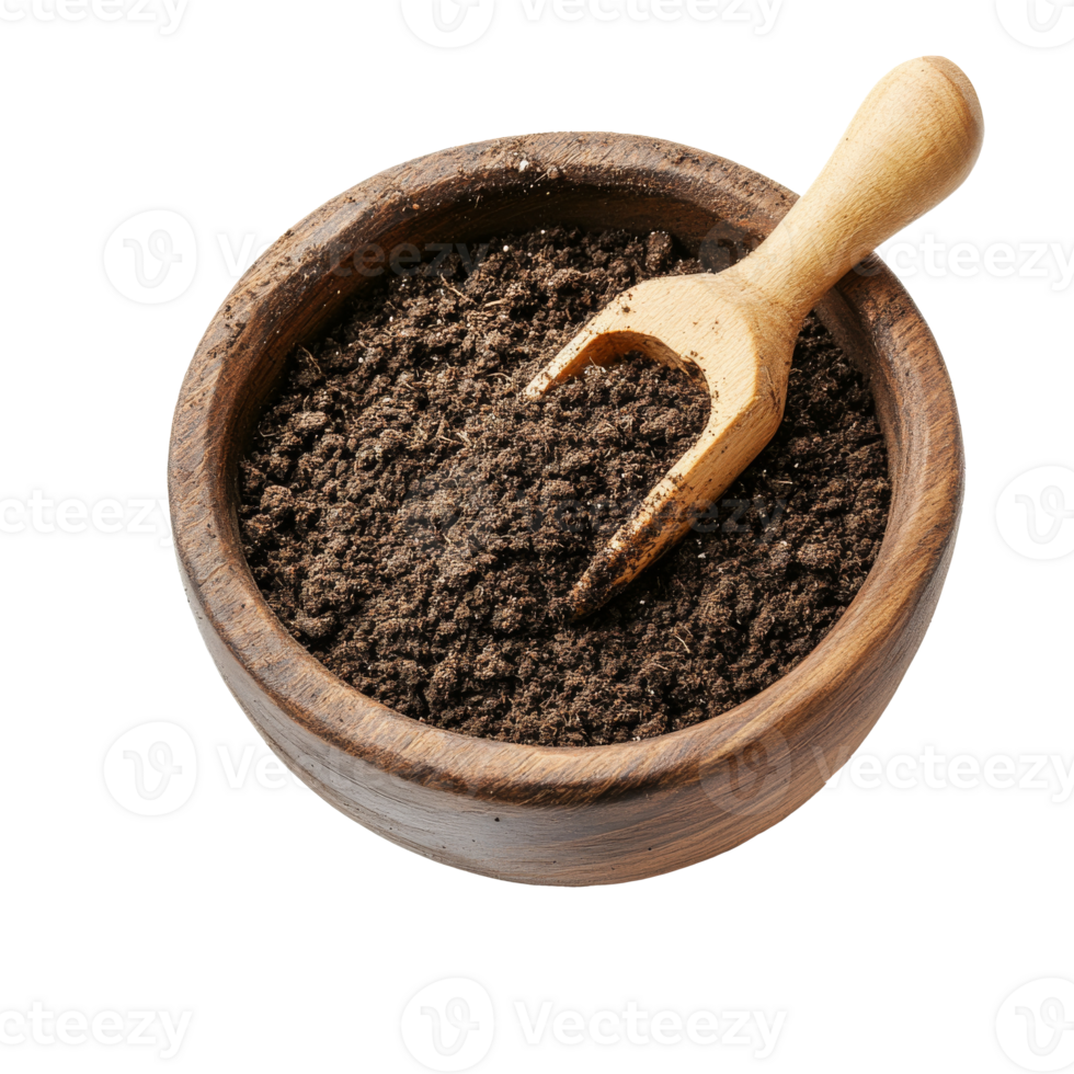 Soil filled wooden bowl with small fork transparent png