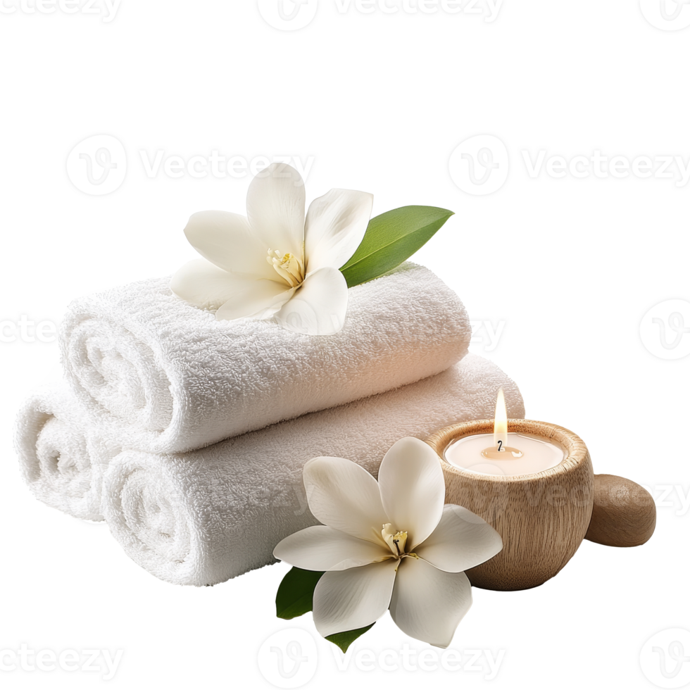 Relaxing spa setup with towels and candles transparent png
