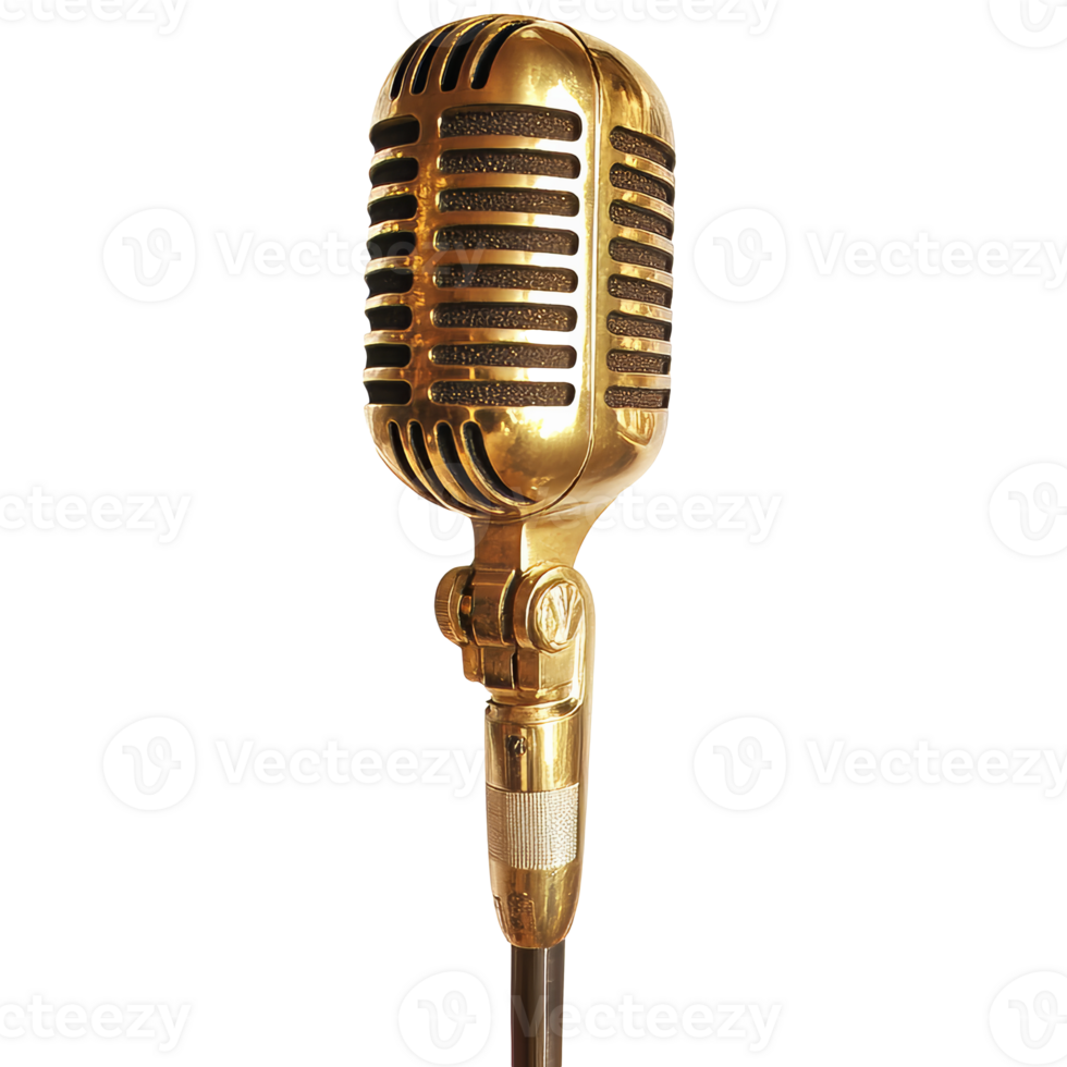 Vintage gold mic on stand at venue transparent png