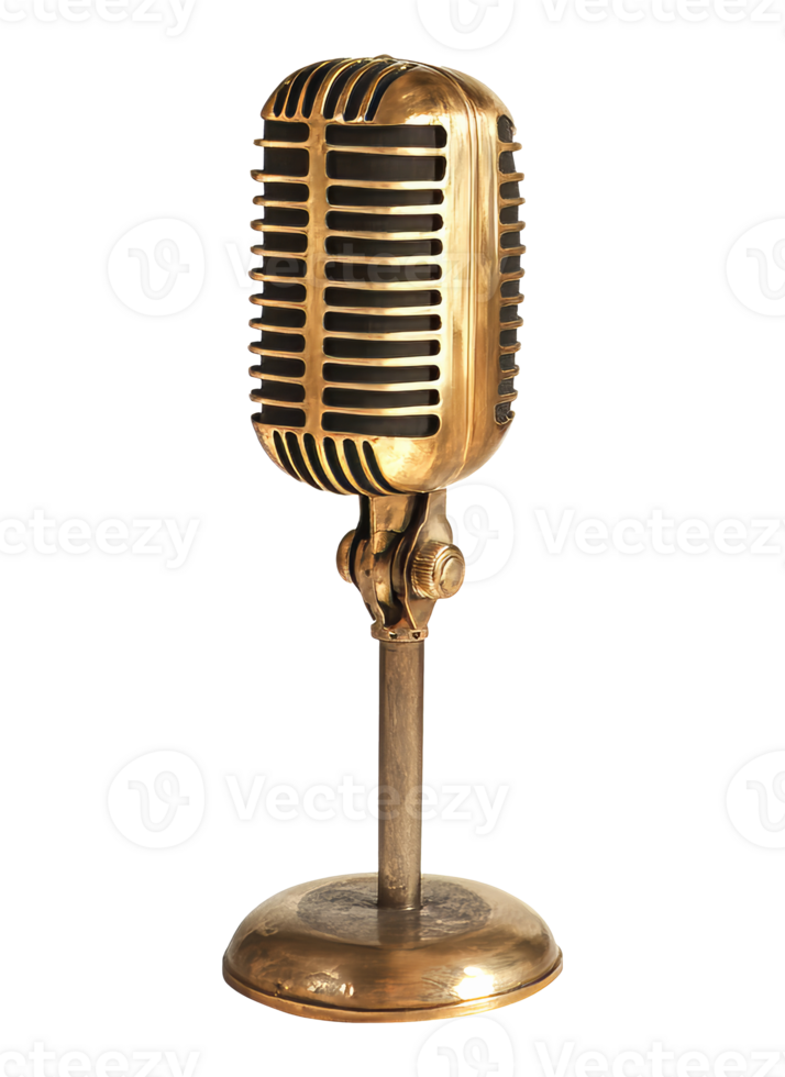 Vintage brass microphone on a stand in a studio transparent png
