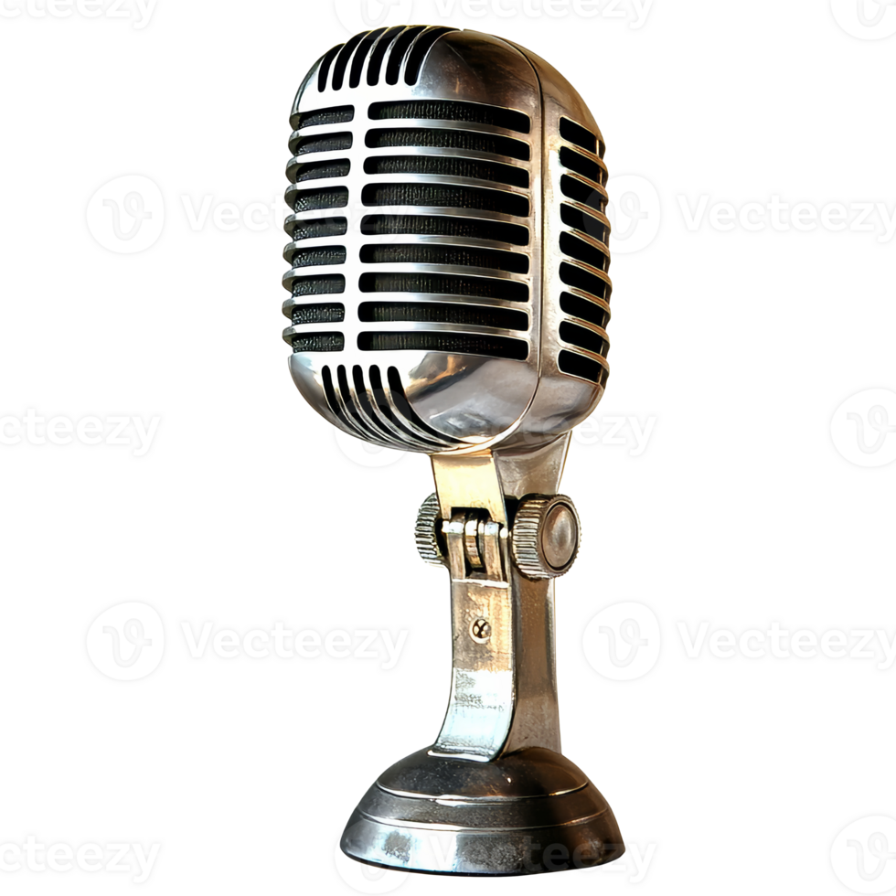Vintage microphone on a stand in a studio setting transparent png