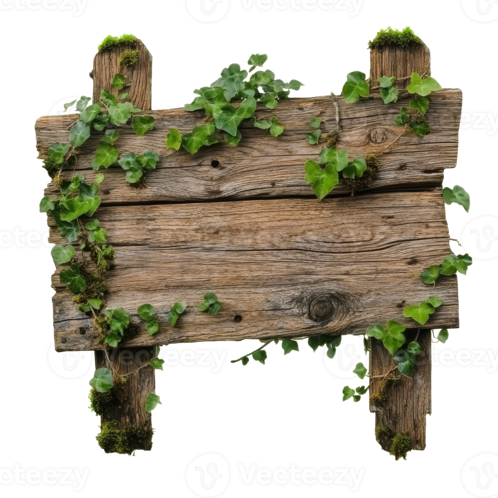 Wooden sign covered in ivy on a white background transparent png