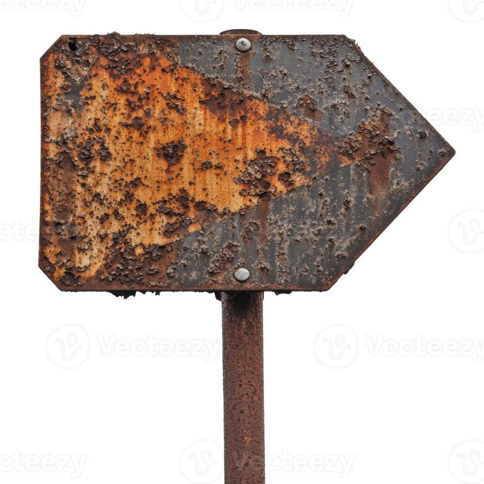 Rusty directional sign with weathered surface transparent png