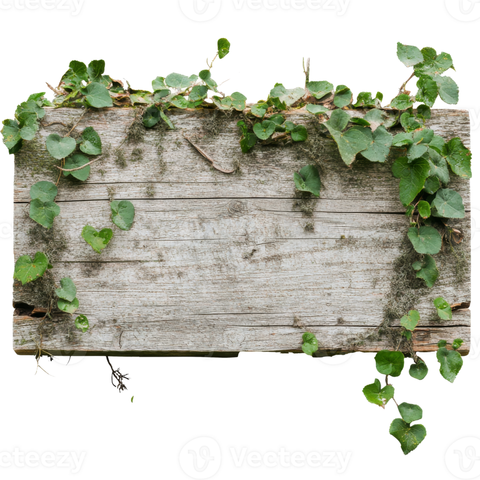 Wooden board covered in ivy on a sunny day transparent png