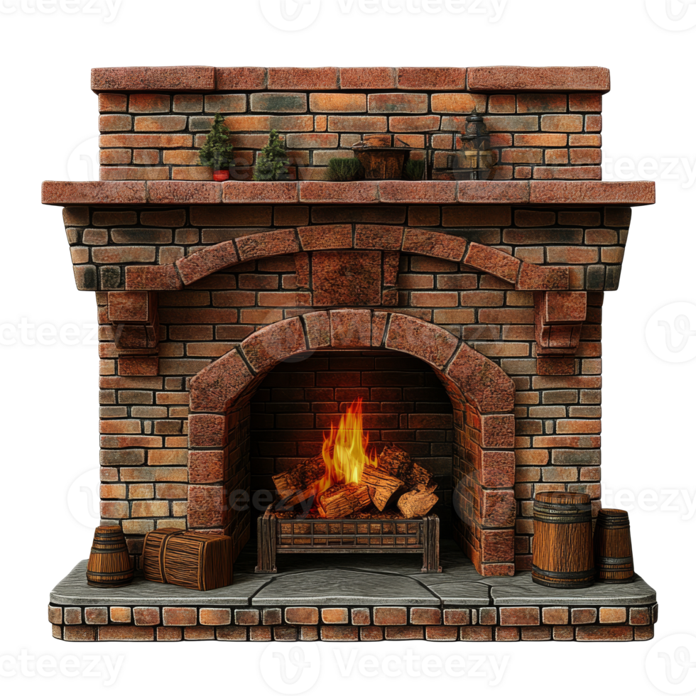 Cozy fireplace with wood and decorations in a room transparent png