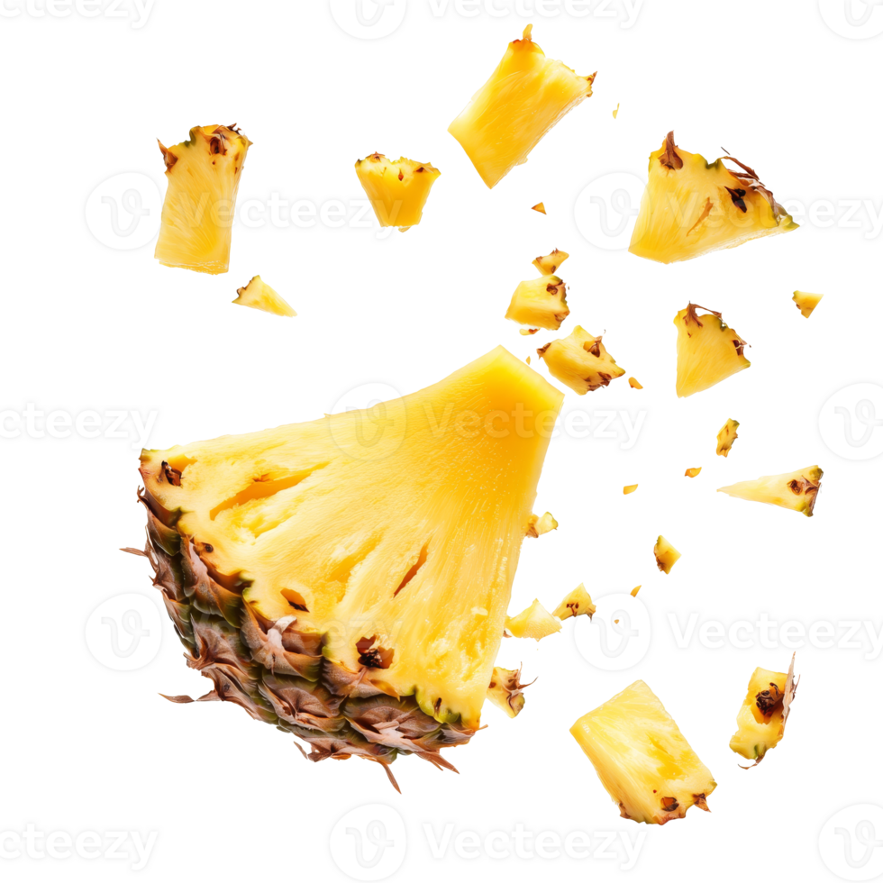 Pineapple chunks burst on white backdrop transparent png