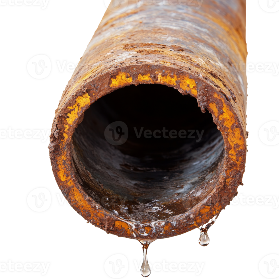Rusty pipe leaking water in a dimly lit area transparent png