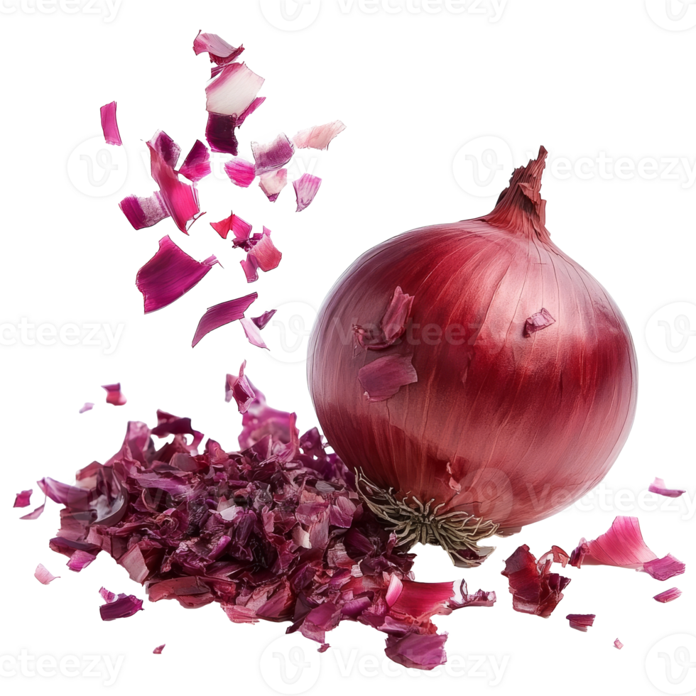 Chopped red onion with scattered flakes in kitchen transparent png