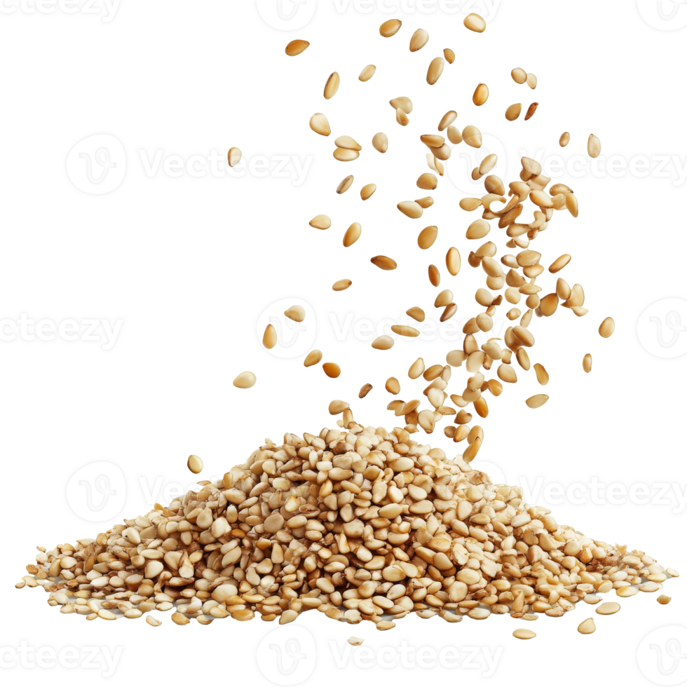 Sesame seeds falling on a white surface transparent png
