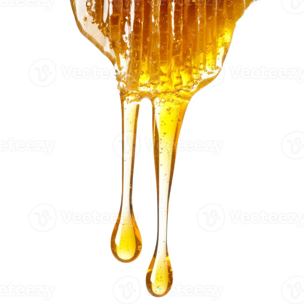 Natural honey dripping from a comb in bright light transparent png