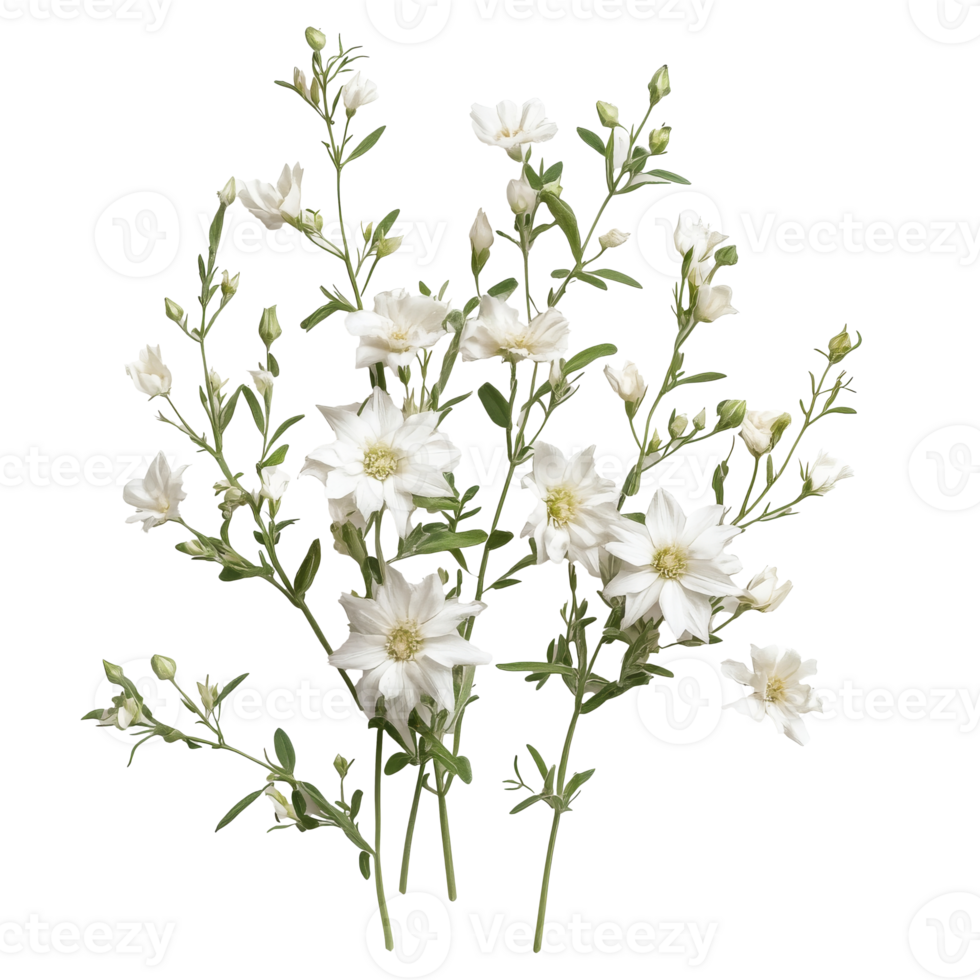 White flowers with green stems in a garden setting transparent png
