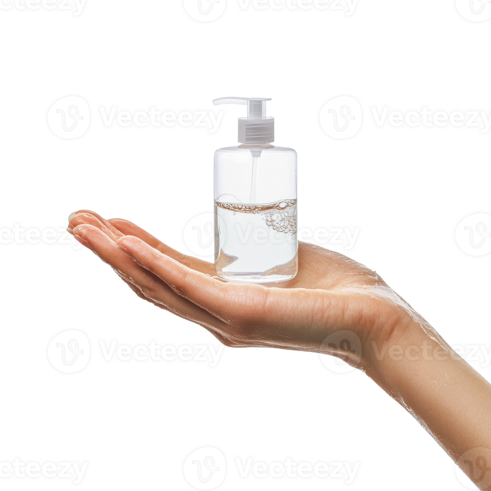 Hand holding a clear bottle of liquid soap transparent png