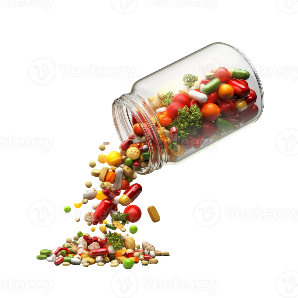 Colorful assortment of vitamins spilled from a jar transparent png