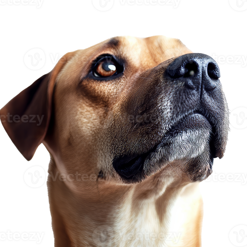 Close up of a curious dog looking upward transparent png