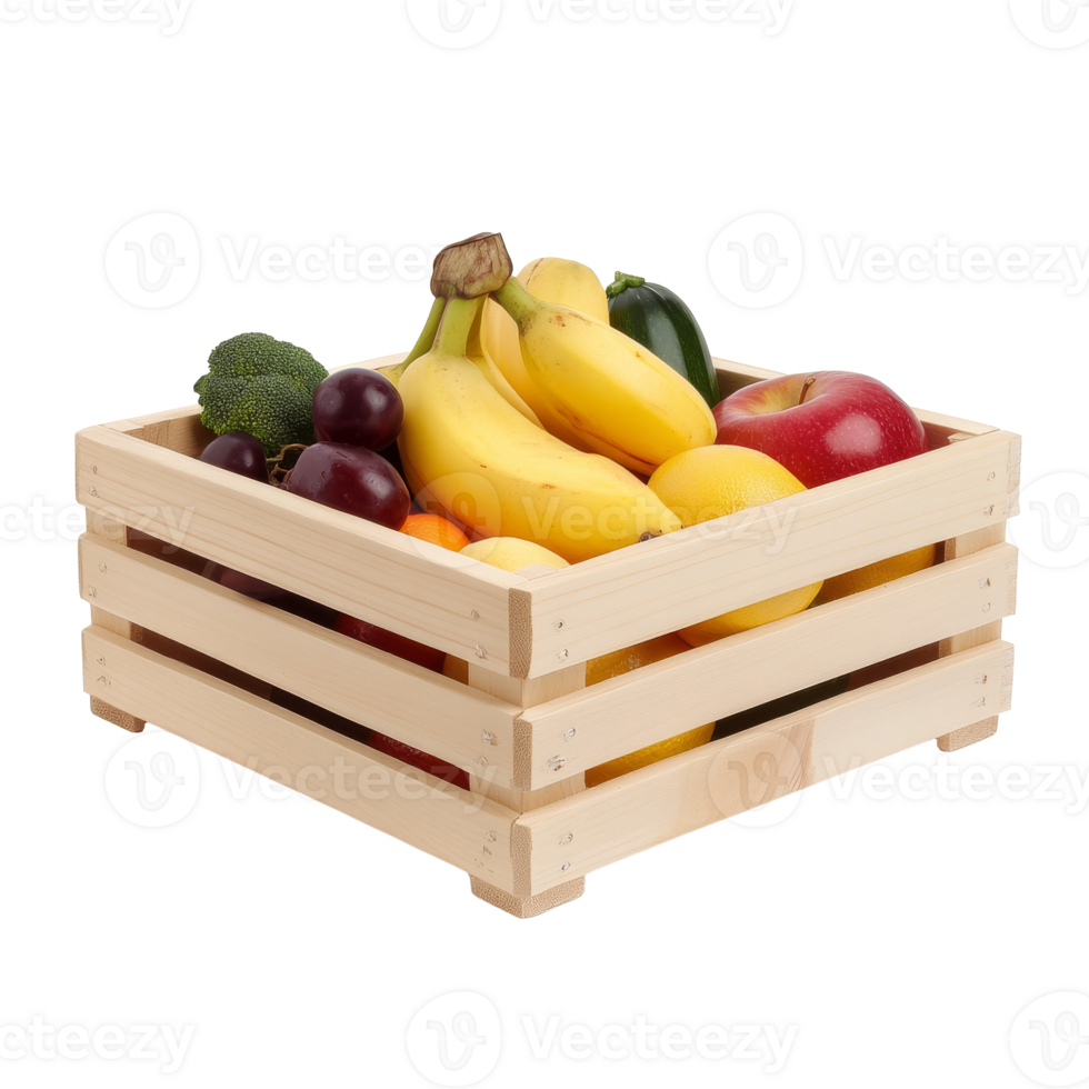 Fresh fruit assortment in a wooden crate display transparent png