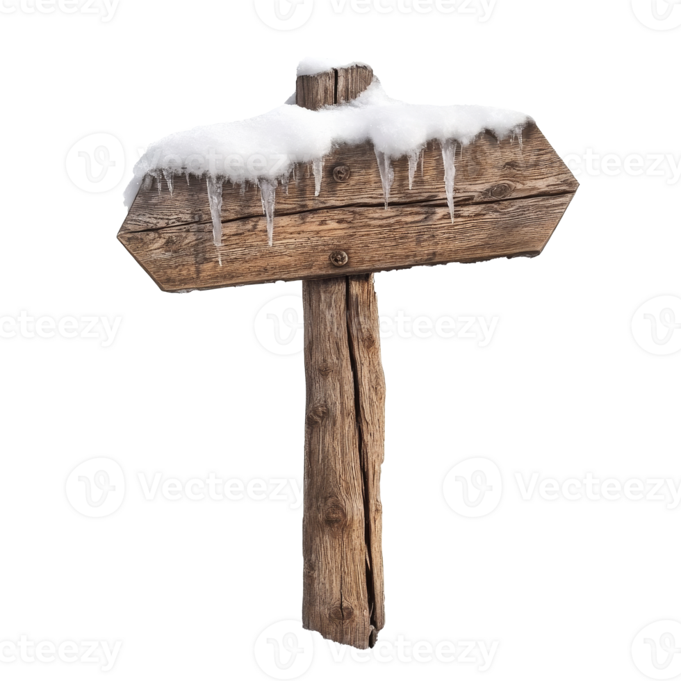 Wooden signpost covered in snow on a winter day transparent png