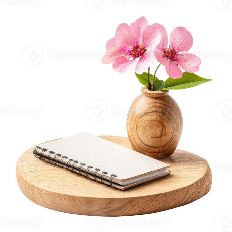 Elegant wooden tray with notebook and pink flowers transparent png