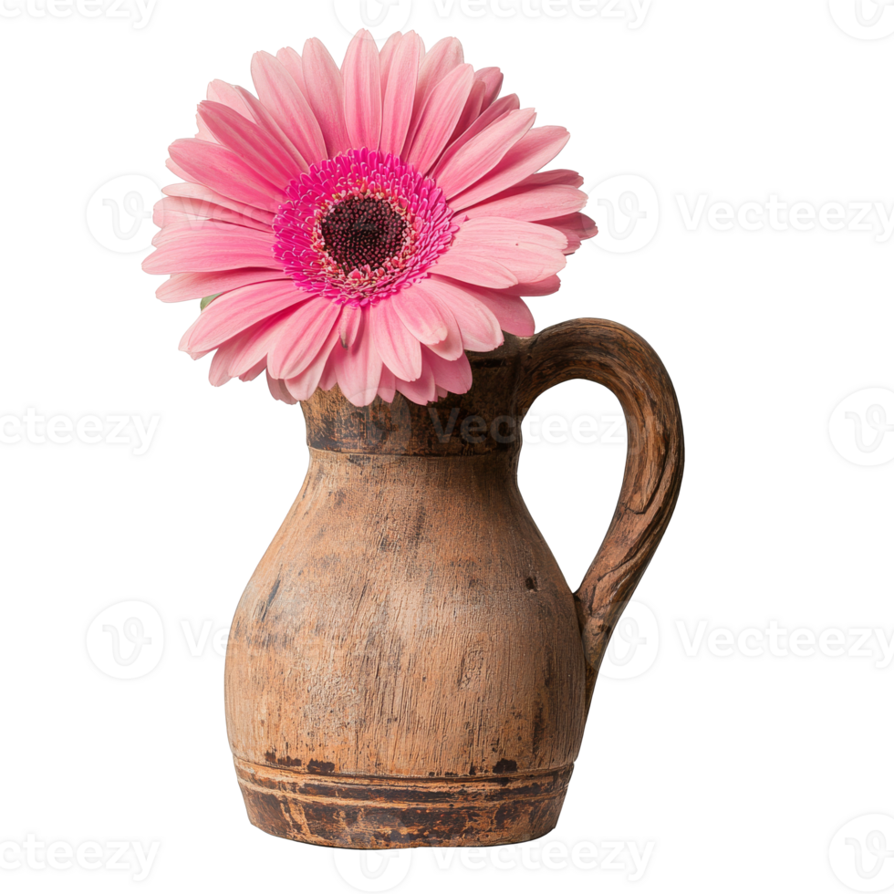 A rustic jug with a pink flower on display transparent png