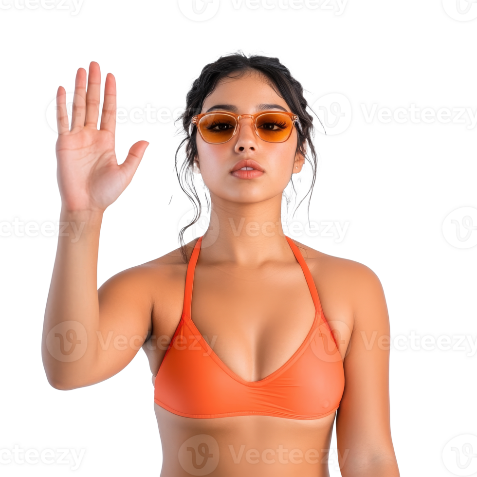 Young woman in orange bikini and sunglasses posing transparent png