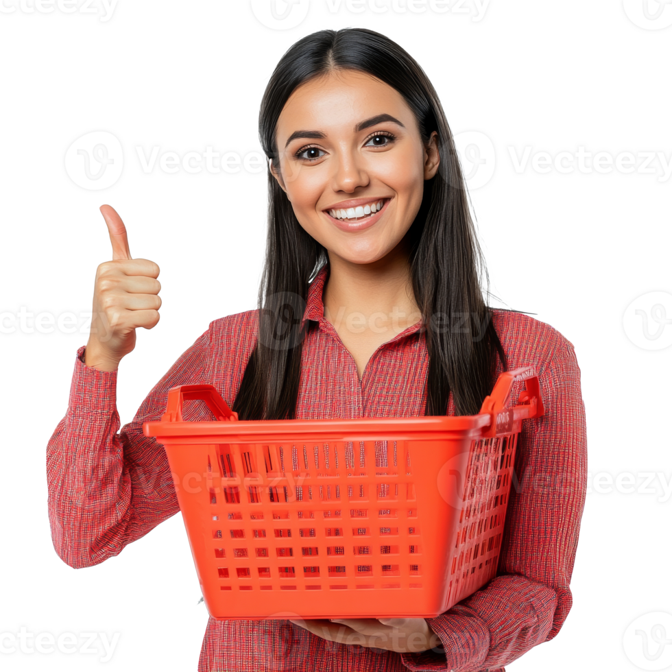 Cheerful woman with shopping basket in studio transparent png