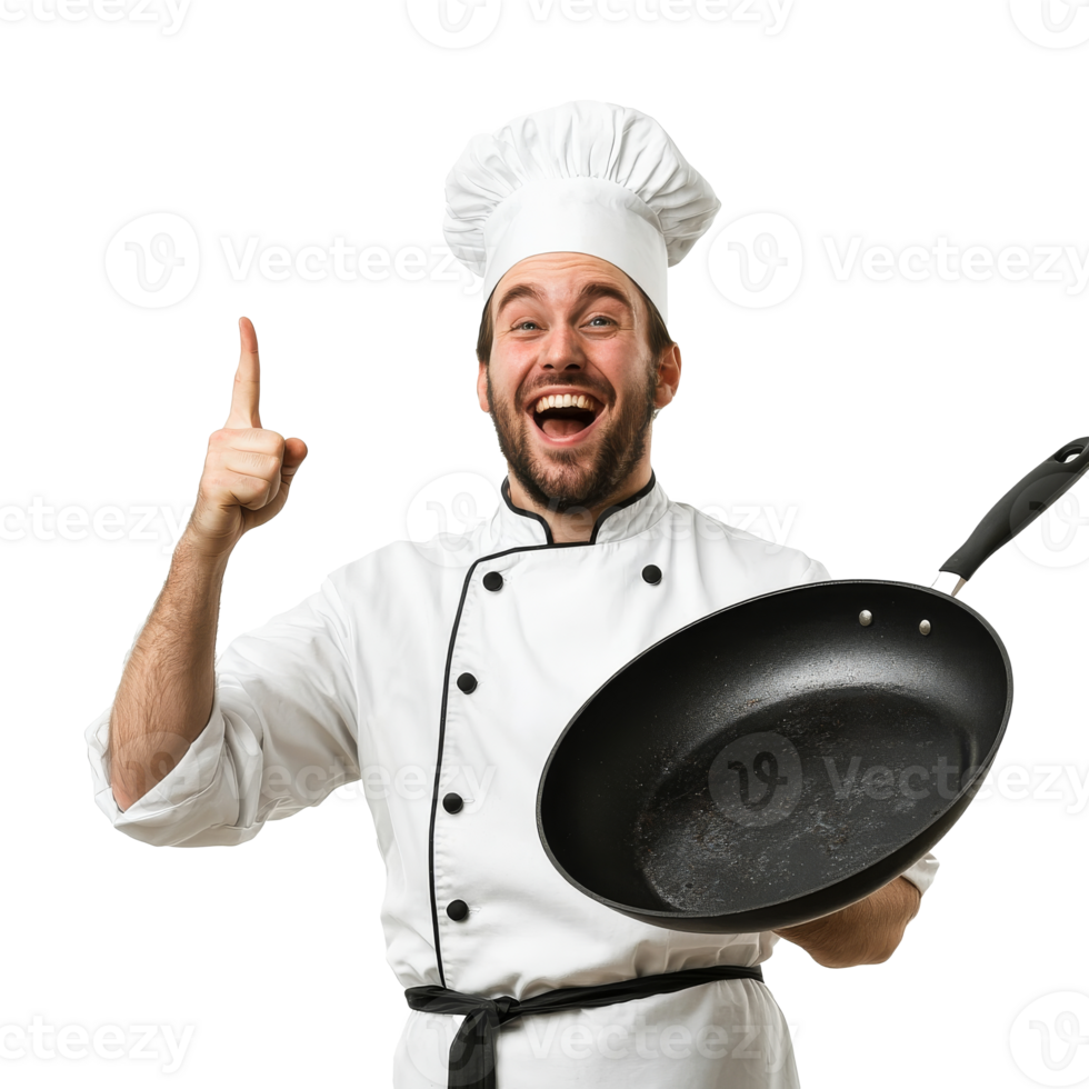 Cheerful chef holding a frying pan and pointing up transparent png
