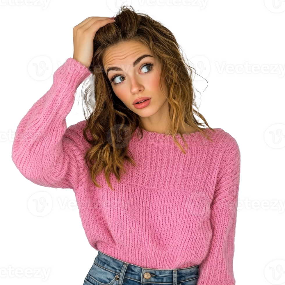 Young woman in pink sweater in studio transparent png