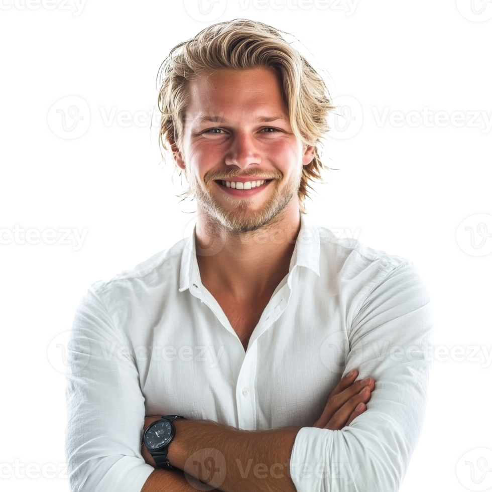 Smiling man with long hair in a bright setting transparent png