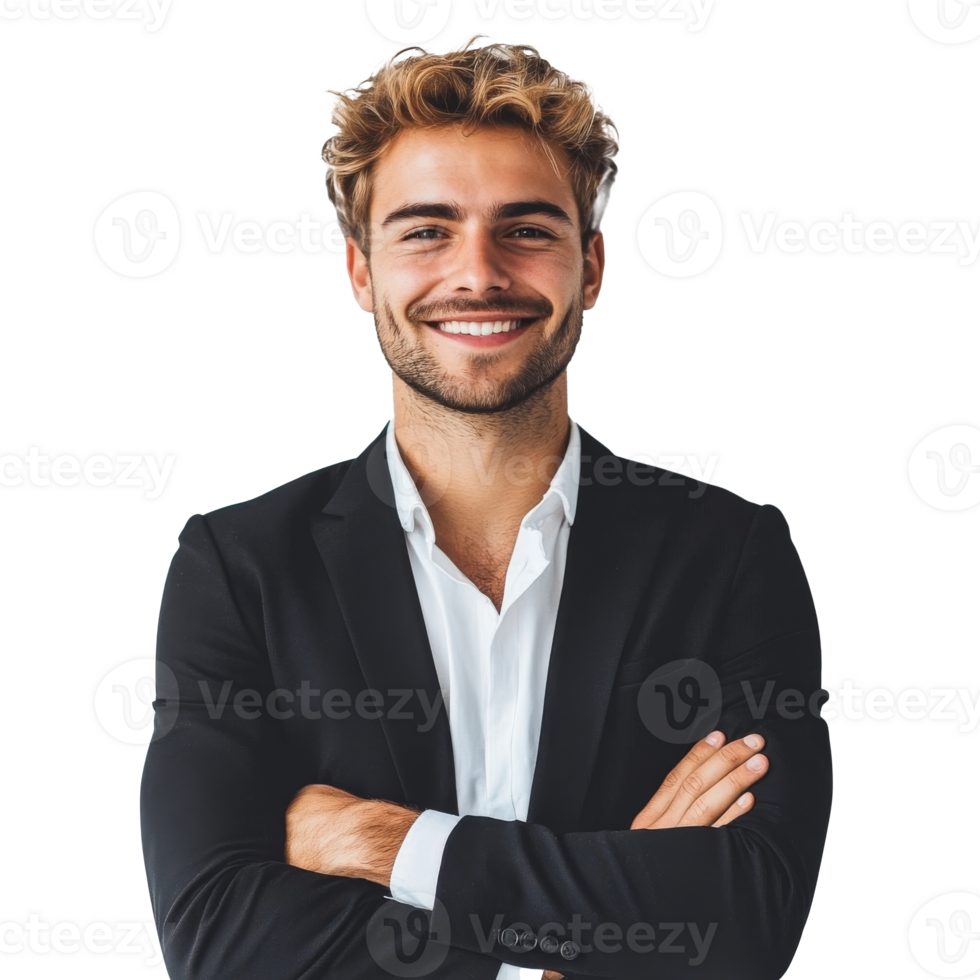Professional man smiling in a black suit indoors transparent png