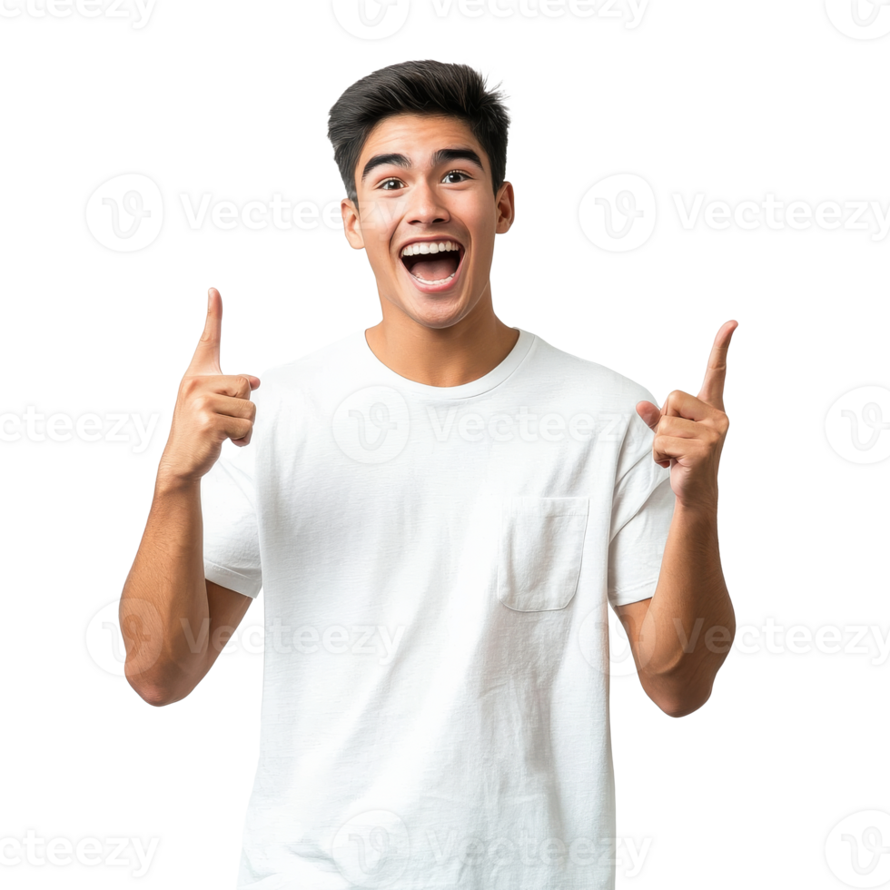 Young man expressing excitement with raised hands transparent png
