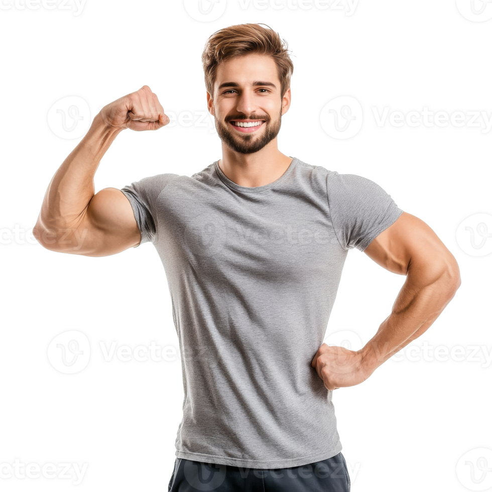 Young man flexes muscles in casual gray t shirt transparent png