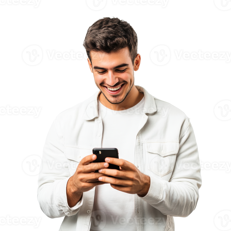 Young man smiling while using a smartphone indoors transparent png