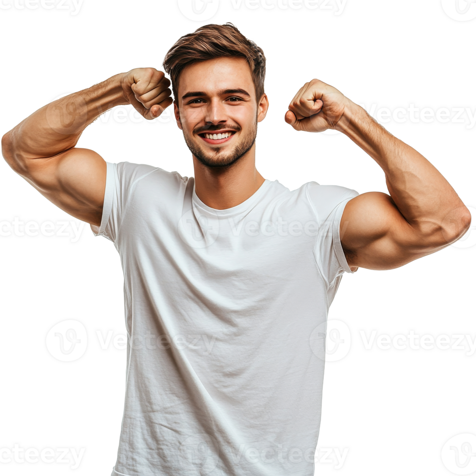 Young man flexing muscles in casual white t shirt transparent png