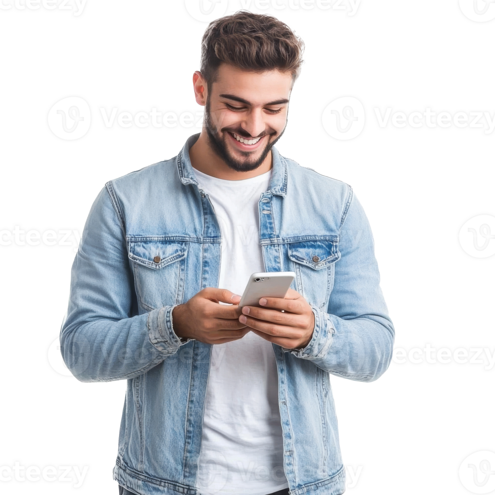 Young man smiling while texting on his smartphone transparent png